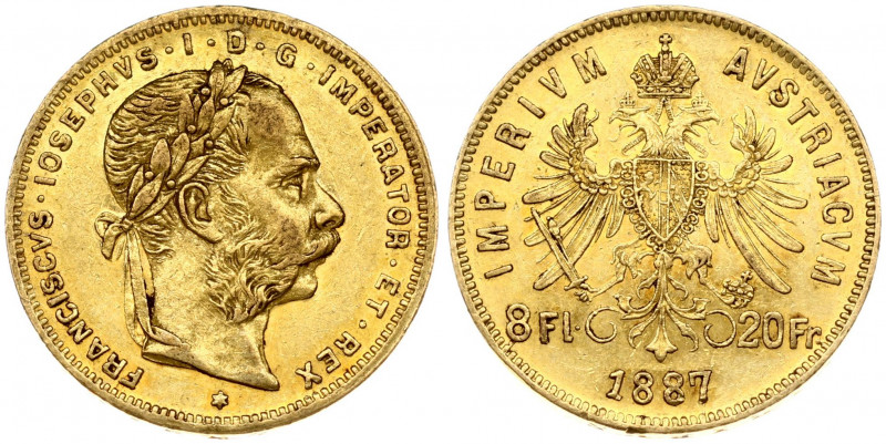 Austria 8 Florins-20 Francs 1887 Franz Joseph I(1848-1916). Obverse: Laureate he...