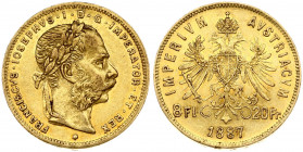 Austria 8 Florins-20 Francs 1887 Franz Joseph I(1848-1916). Obverse: Laureate head right; heavy whiskers. Reverse: Crowned imperial double eagle divid...