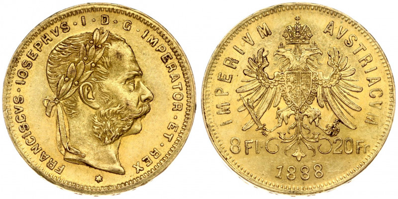 Austria 8 Florins-20 Francs 1888 Franz Joseph I(1848-1916) Obverse: Laureate hea...