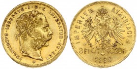 Austria 8 Florins-20 Francs 1888 Franz Joseph I(1848-1916) Obverse: Laureate head right; heavy whiskers. Reverse: Crowned imperial double eagle divide...