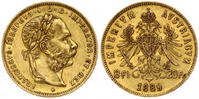 Austria 8 Florins-20 Francs 1889 Franz Joseph I(1848-1916). Obverse: Laureate head right; heavy whiskers. Reverse: Crowned imperial double eagle divid...
