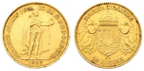Austria Hungary 20 Korona 1893 KB Kremnitz. Franz Joseph I(1848-1916). Obverse: Emperor standing. Reverse: Crowned shield with angel supporters. Gold....
