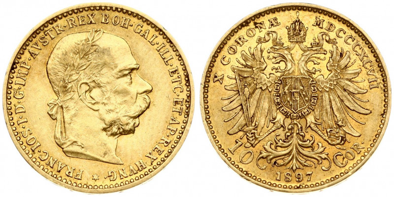 Austria 10 Corona 1897 - MDCCCXCVII Franz Joseph I(1848-1916). Obverse: Laureate...