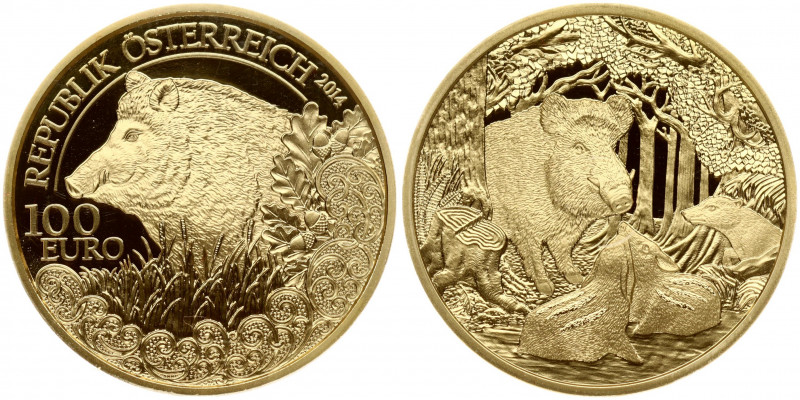 Austria 100 Euro 2014 Wild Boar. Obverse: Wild Boar in the oak forest. Lettering...