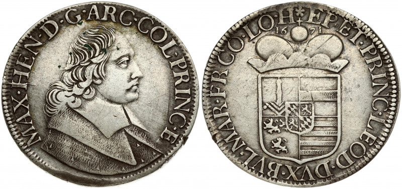 Belgium Liege 1 Patagon 1671 Maximilian Henry(1650-1688.). Obverse: Bust of Maxi...