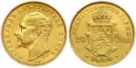 Bulgaria 20 Leva 1894KB Ferdinand I(1887-1918). Obverse: Head left. Reverse: Crowned ornate arms. Gold 6.42g. Small Scratches. KM 20