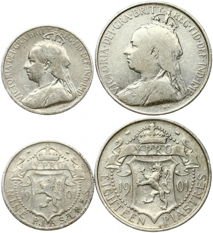 Cyprus 9 & 18 Piastres 1901 Obverse: Crowned and veiled bust left. Reverse: Crow...