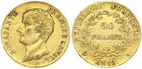 France 20 Francs AN12 A (1803) Napoleon(1799-1804-1815)Obverse: Head left. Obverse Legend: BONAPARTE PREMIER CONSUL •. Reverse: Denomination within wr...