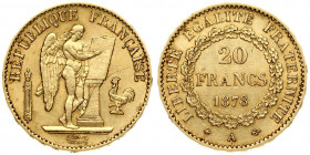 France 20 Francs 1878 A Obverse: Standing Genius writing the Constitution; rooster at right, fasces at left. Reverse: Denomination above date within c...