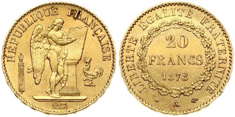 France 20 Francs 1878A Obverse: Standing Genius writing the Constitution; rooste...