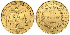 France 20 Francs 1878A Obverse: Standing Genius writing the Constitution; rooster at right; fasces at left. Reverse: Denomination above date within ci...