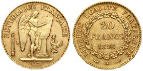 France 20 Francs 1898 A Obverse: Standing Genius writing the Constitution; rooster at right, fasces at left. Reverse: Denomination above date within c...