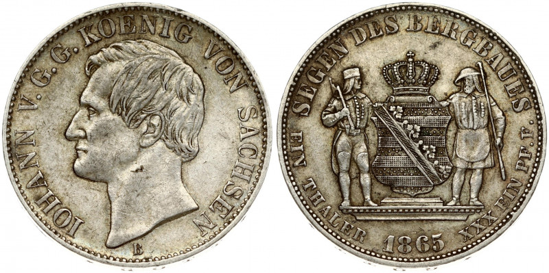 Germany SAXONY 1 Thaler 1865 B Johann(1854-1873 ). Obverse: Head left. Reverse: ...