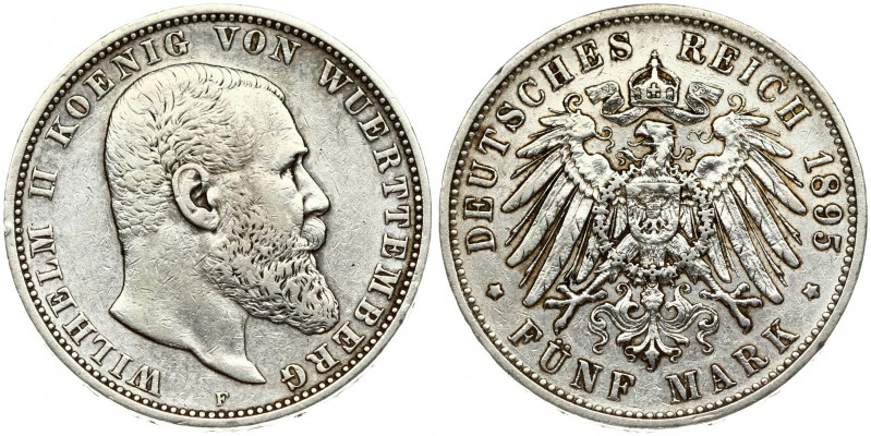 Germany Wurttemberg 5 Mark 1895 F Wilhelm II(1891-1918). Obverse: Head right. Ob...