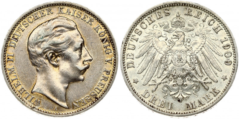 Germany PRUSSIA 3 Mark 1909A Wilhelm II(1888-1918). Obverse: Head right. Reverse...