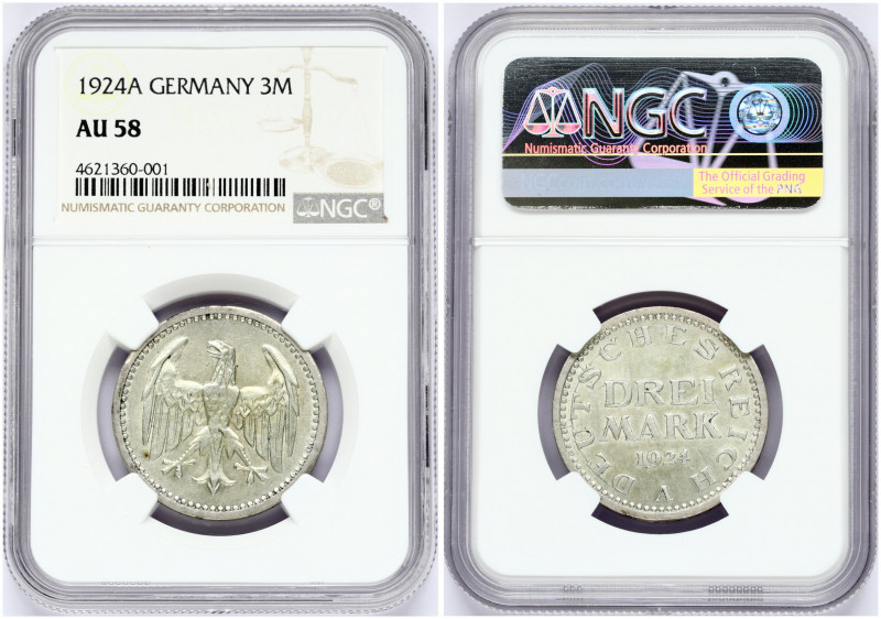 Germany Weimar Republic 3 Mark 1924A Obverse: Denomination above date. Reverse: ...