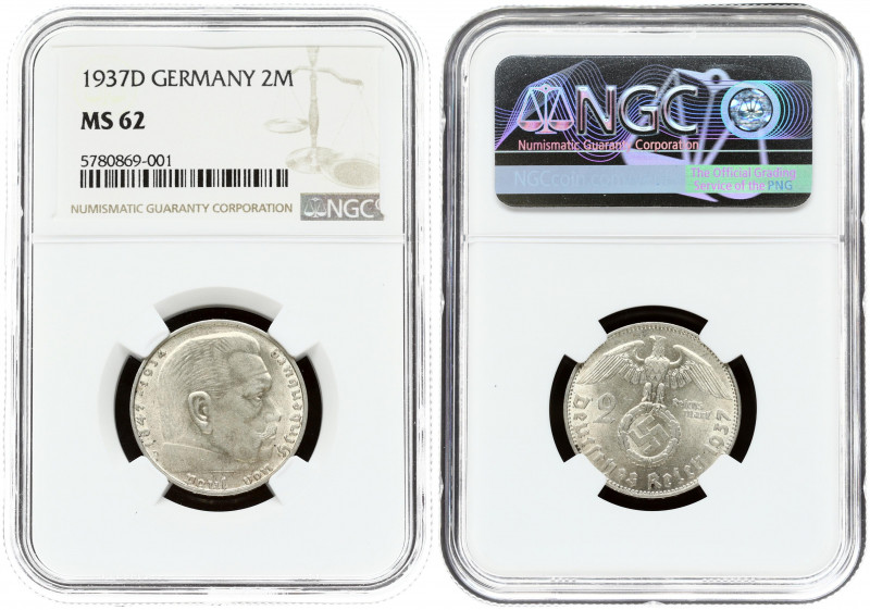 Germany Third Reich 2 Reichsmark 1937D Obverse: Eagle above swastika within wrea...