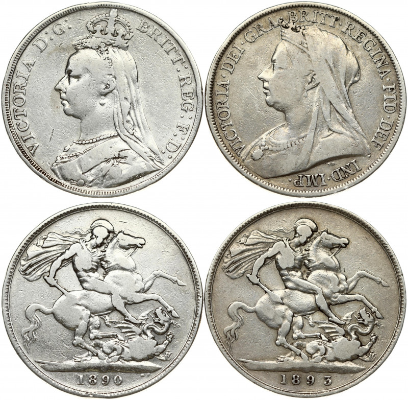 Great Britain 1 Crown 1890 & 1893-LVI Victoria(1837-1901). Obverse: Bust left we...