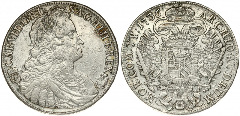 Hungary 1 Thaler 1736KB Karl VI(1711-1740).Obverse: Modified bust. Obverse Legen...