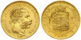 Hungary 8 Forint 20 Francs 1872 KB Franz Joseph I(1848-1916). Obverse: Laureate head; right. Reverse: Crowned shield divides value within circle; date...
