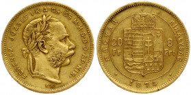 Hungary 8 Forint 20 Francs 1874KB Franz Joseph I(1848-1916). Obverse: Laureate head; right. Reverse: Crowned shield divides value within circle; date ...