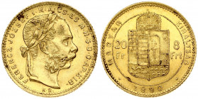 Hungary 8 Forint 20 Francs 1880KB Franz Joseph I(1848-1916). Obverse: Laureate head; right. Reverse: Crowned shield divides value within circle; date ...