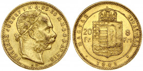Hungary 8 Forint 20 Francs 1881KB Franz Joseph I(1848-1916). Obverse: Laureate head; right. Reverse: Crowned shield divides value within circle; date ...