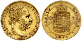 Hungary 8 Forint 20 Francs 1882 KB Franz Joseph I(1848-1916). Obverse: Laureate head; right. Reverse: Crowned shield divides value within circle; date...