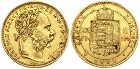 Hungary 8 Forint 20 Francs 1883KB Franz Joseph I(1848-1916). Obverse: Laureate head; right. Reverse: Crowned shield divides value within circle; date ...