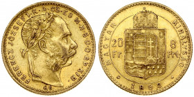 Hungary 8 Forint 20 Francs 1888KB Franz Joseph I(1848-1916). Obverse: Laureate head; right. Reverse: Crowned shield divides value within circle; date ...