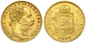 Hungary 8 Forint 20 Francs 1889KB Franz Joseph I(1848-1916). Obverse: Laureate head; right. Reverse: Crowned shield divides value within circle; date ...