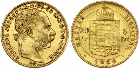 Hungary 8 Forint 20 Francs 1890KB Franz Joseph I(1848-1916). Obverse: Laureate head; right. Reverse: Crowned shield divides value within circle; date ...