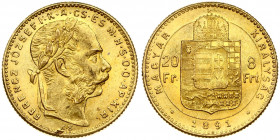 Hungary 8 Forint 20 Francs 1891KB Franz Joseph I(1848-1916). Obverse: Laureate head; right. Reverse: Crowned shield divides value within circle; date ...