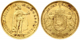 Hungary 10 Korona 1904KB Franz Joseph I(1848-1916). Obverse: Emperor standing. Reverse: Crowned shield with angel supporters. Gold 3.38g. KM 485