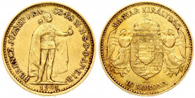 Hungary 10 Korona 1905KB Franz Joseph I(1848-1916). Obverse: Emperor standing. Reverse: Crowned shield with angel supporters. Gold 3.37g. Small Scratc...