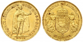 Hungary 10 Korona 1910KB Franz Joseph I(1848-1916). Obverse: Emperor standing. Reverse: Crowned shield with angel supporters. Gold 3.38g. Scratches. K...