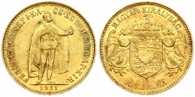 Hungary 10 Korona 1911KB Franz Joseph I(1848-1916). Obverse: Emperor standing. Reverse: Crowned shield with angel supporters. Silver. Gold 3.37g. Smal...