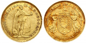 Hungary 10 Korona 1912KB Franz Joseph I(1848-1916). Obverse: Emperor standing. Reverse: Crowned shield with angel supporters. Silver. Gold 3.38g. Smal...