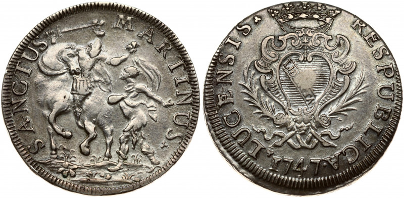 Italy LUCCA 1 Scudo 1747 Obverse: Crowned ornamental republic arms in branches; ...