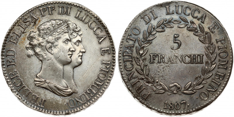 Italy LUCCA 5 Franchi 1807 Felix and Elisa. Obverse: Conjoined heads right. Obve...