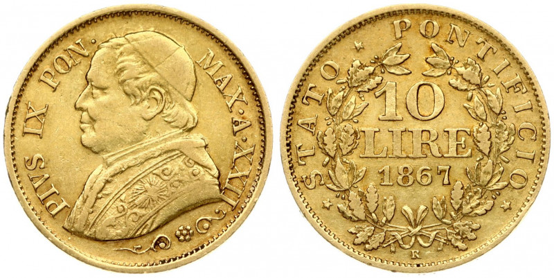 Italy PAPAL STATES 10 Lire 1867-XXIIR Pius IX(1846-1878). Obverse: Bust left. Ob...