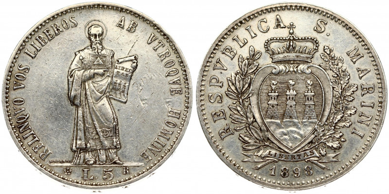 Italy San Marino 5 Lire 1898R Obverse: Crowned arms within wreath; date below. O...