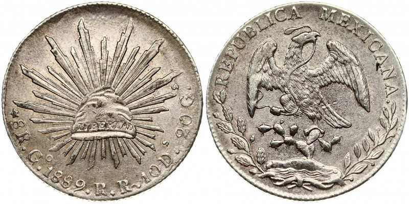 Mexico 8 Reales 1889Go RR Obverse: Facing eagle; snake in beak. Obverse Legend: ...