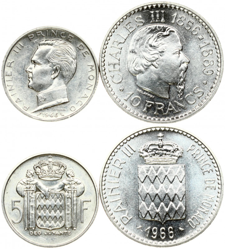 Monaco 5 & 10 Francs 1966 Obverse: Head left. Reverse: Crowned arms with support...