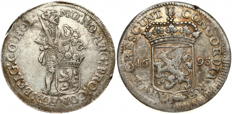 Netherlands HOLLAND 1 Silver Ducat 1693 Obverse: Standing armored Knight with cr...