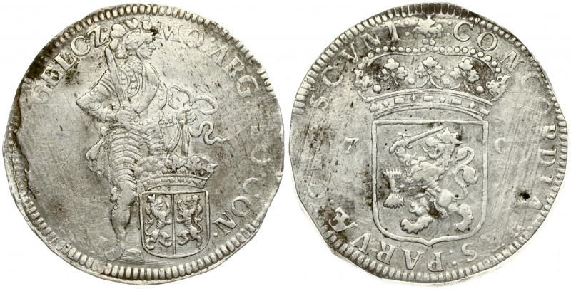 Netherlands GELDERLAND 1 Silver Ducat 1707 Obverse: Knight standing right; crown...