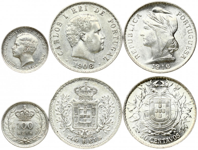 Portugal 100-500 Reis & 50 Centavos (1908-1916) Obverse: Carlos I head right. Re...