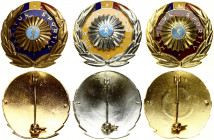Romania Sport Merit Badge (20th century) 3 Awards 3 Classes of Stars. Bronze. Bronze Gilding. Bronze silvered. Enamel. Weight approx: 35.09g. & 33.85g...