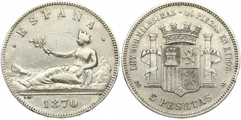 Spain 5 Pesetas 1870 (70) SN-M Obverse: Seated Liberty; date below. Reverse: Cro...