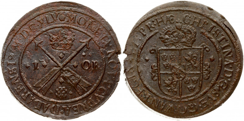 Sweden 1 Ore Copper (1645) MDCXLV Christina (1632-1654). Obverse: Crowned orname...